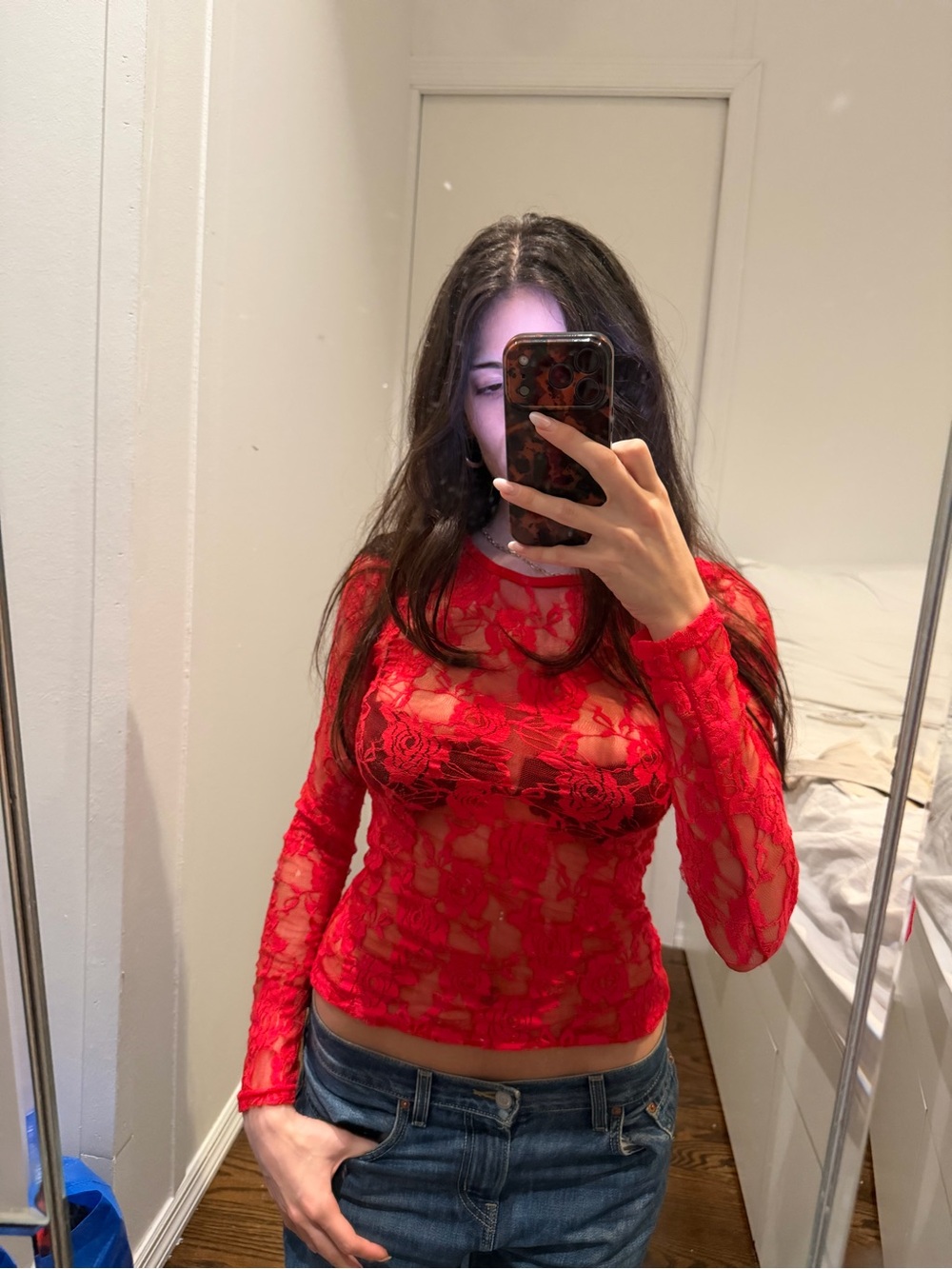 Sheer Lace Long-Sleeve Top - Red